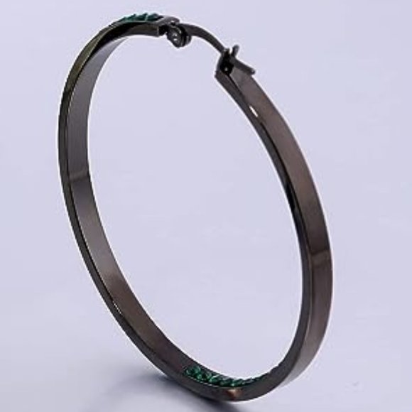 Black Hoops Dark Green Rhinestone Hoop Earrings Crystal Channel Hoops Sparkling - Picture 6 of 12